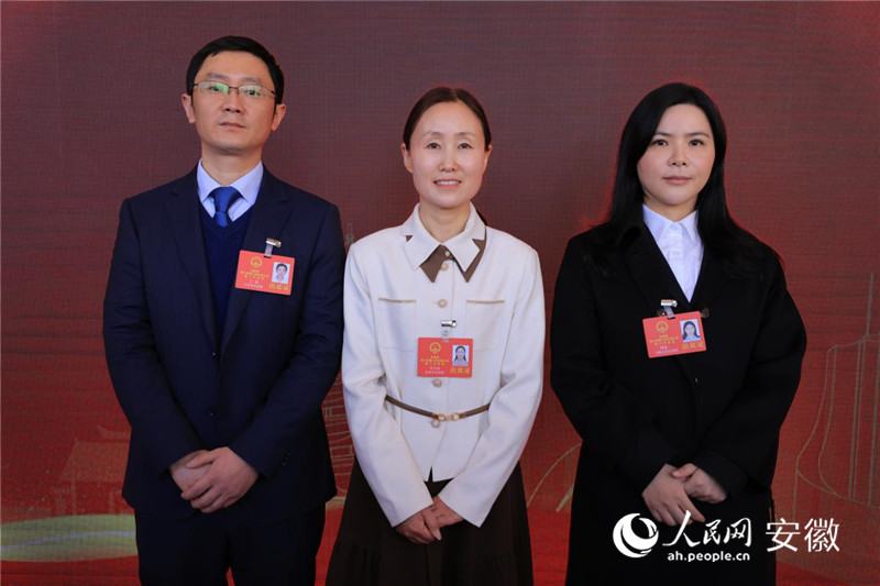 安徽省人大代表丁俊（左）、方少杰（中）、周冰一（右）回答記者提問。人民網(wǎng)記者 王曉飛攝